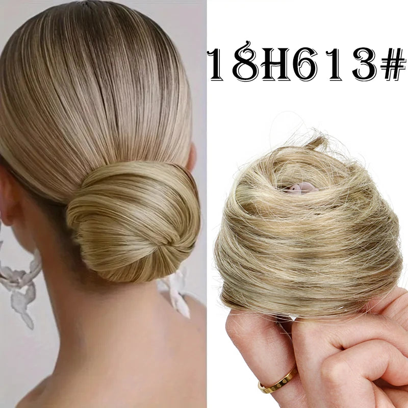 Synthetic hair bun extension worn on model