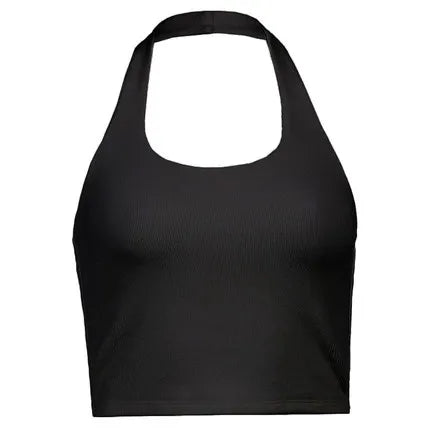 Ribbed halter crop top black flat lay front