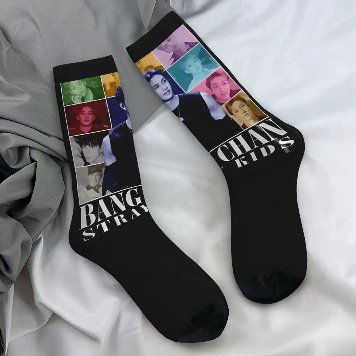 Men's printed skateboard crew socks worn on feet
