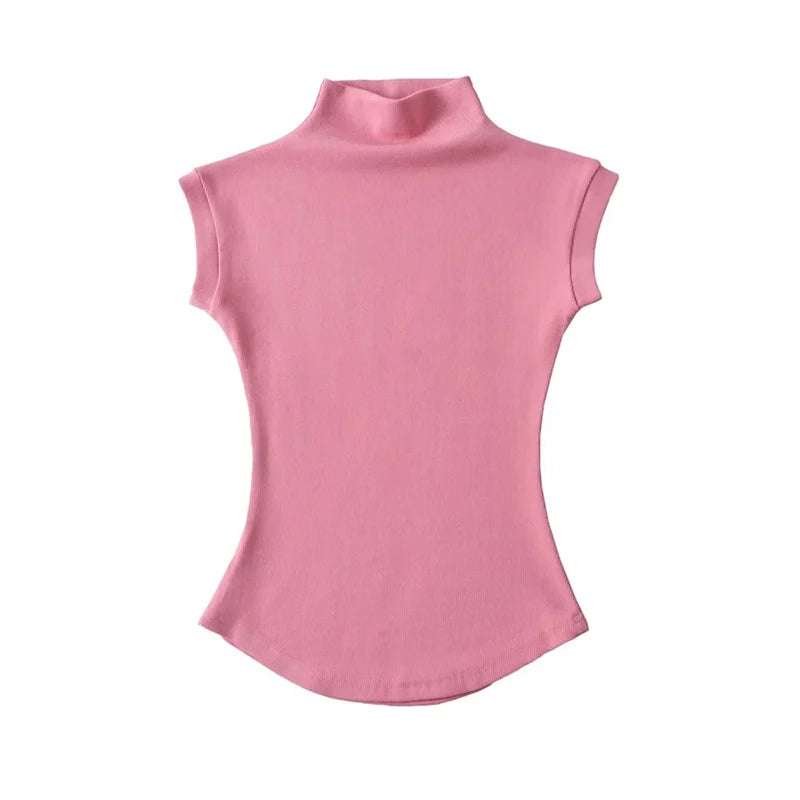 Sleeveless turtleneck top going out look