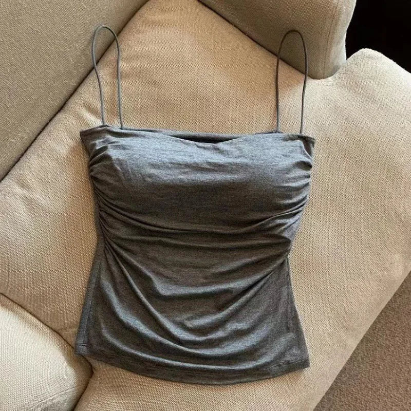 Halter tank top with built-in bra gray worn front view