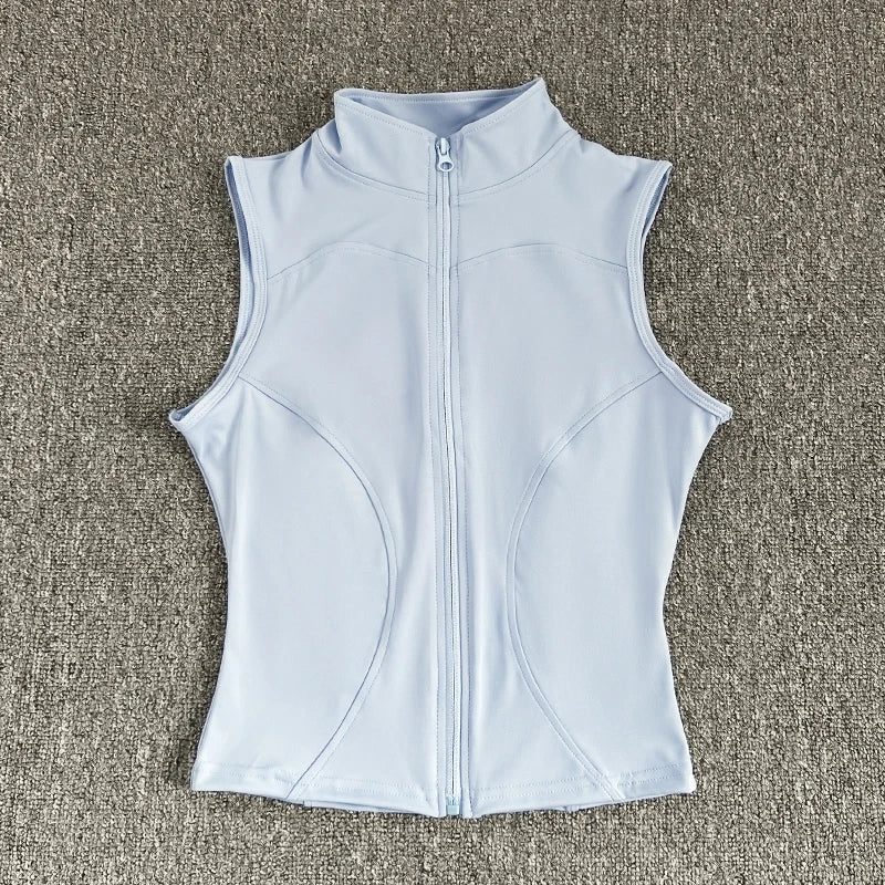 Women's zip-up yoga fitness tank top front view gray