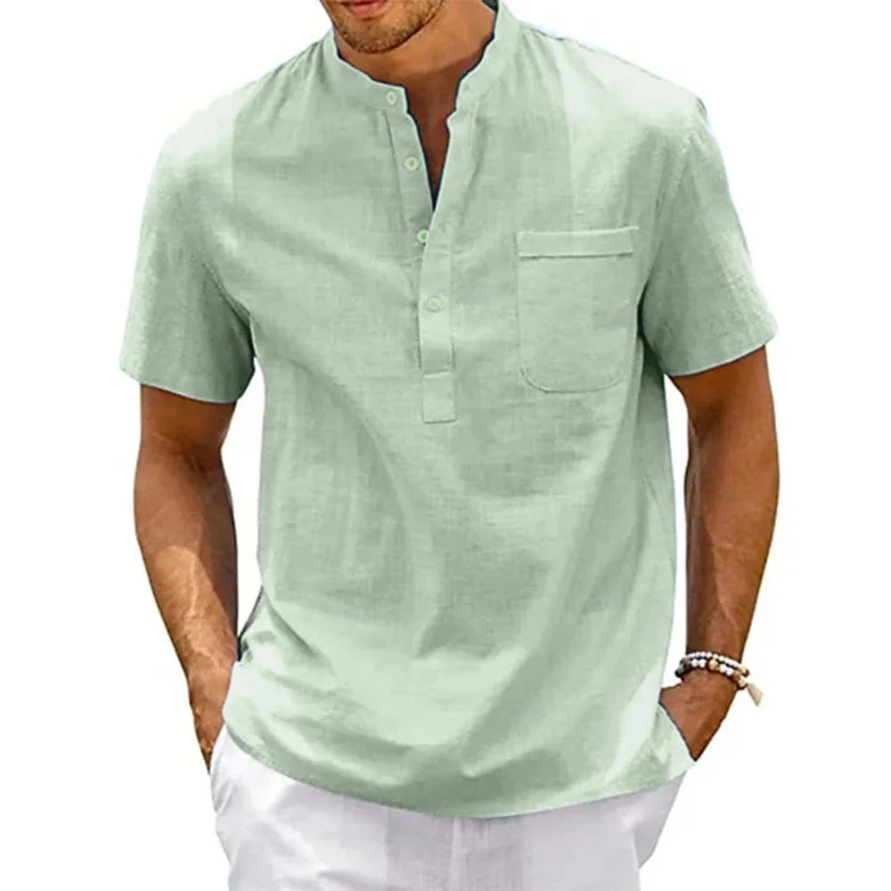 Men's linen henley beach shirt front view green