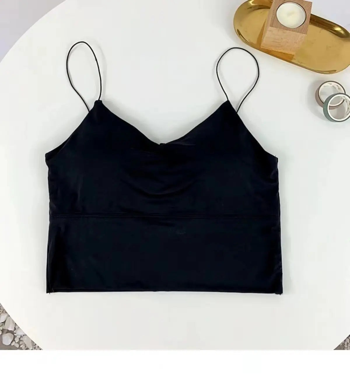Seamless padded camisole black flat lay front