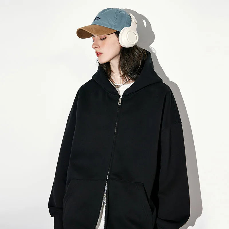 Double zip hooded jacket worn styled outfit black