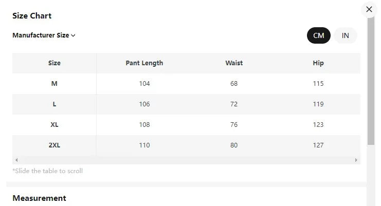Baggy cargo pants size chart measurements