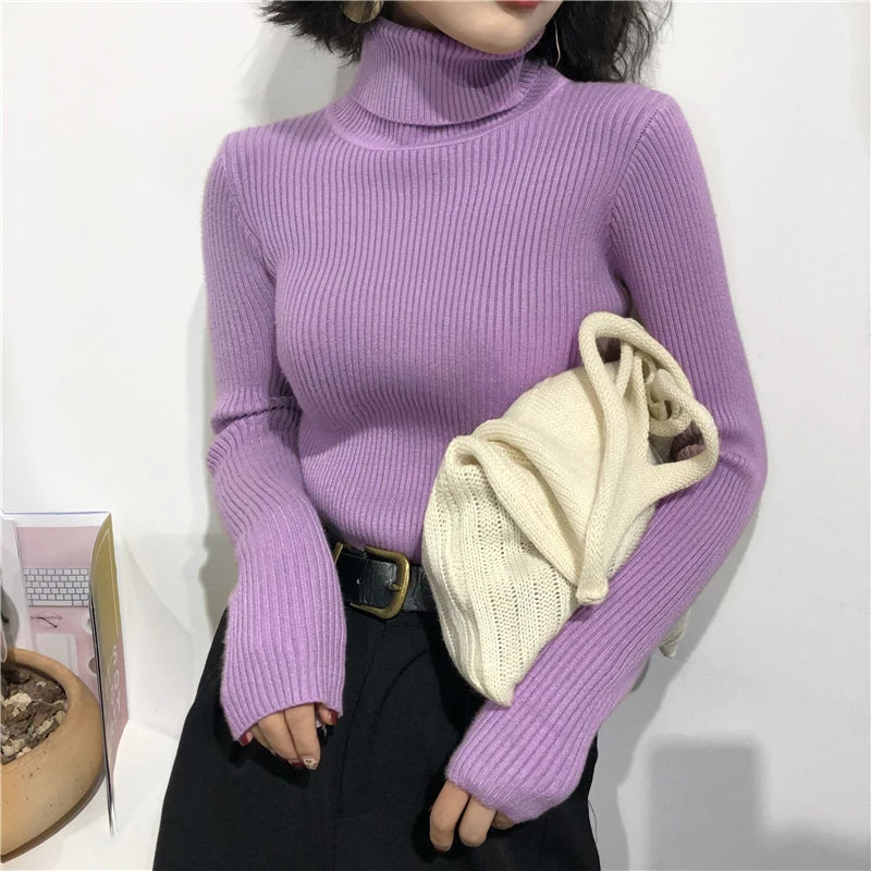 Ribbed Turtleneck Sweater – Women's Slim Winter Pullover