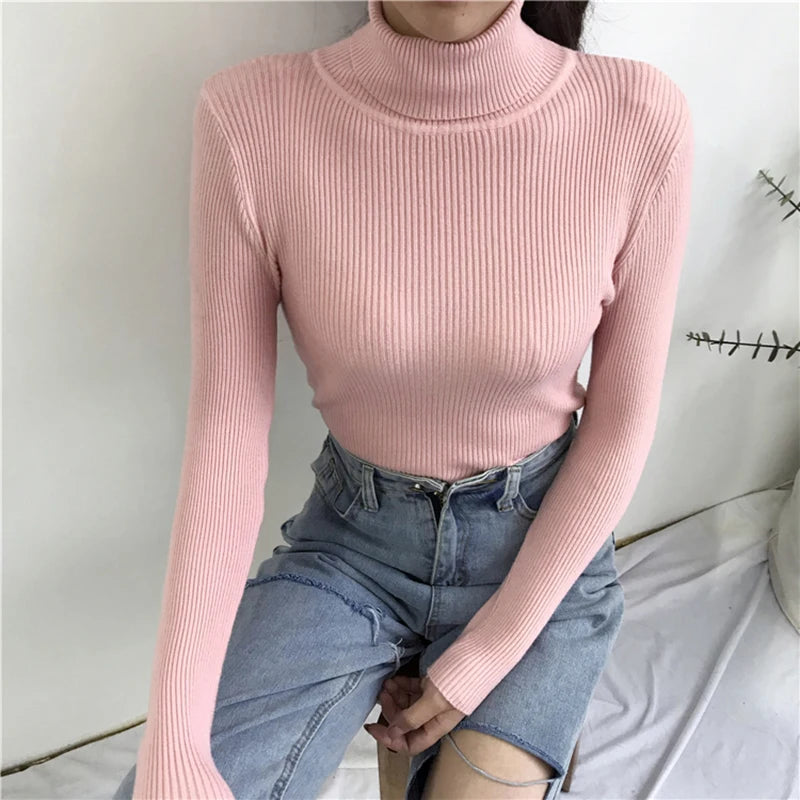 Ribbed Turtleneck Sweater – Women's Slim Winter Pullover