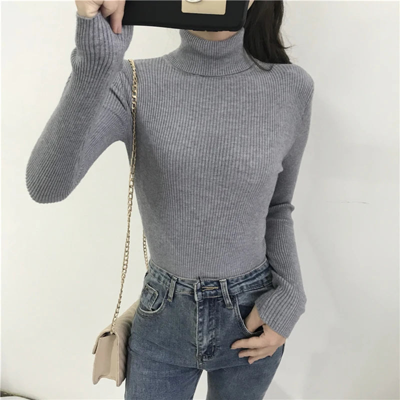 Ribbed Turtleneck Sweater – Women's Slim Winter Pullover