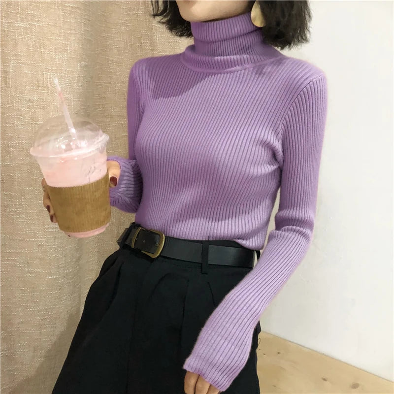 Ribbed Turtleneck Sweater – Women's Slim Winter Pullover