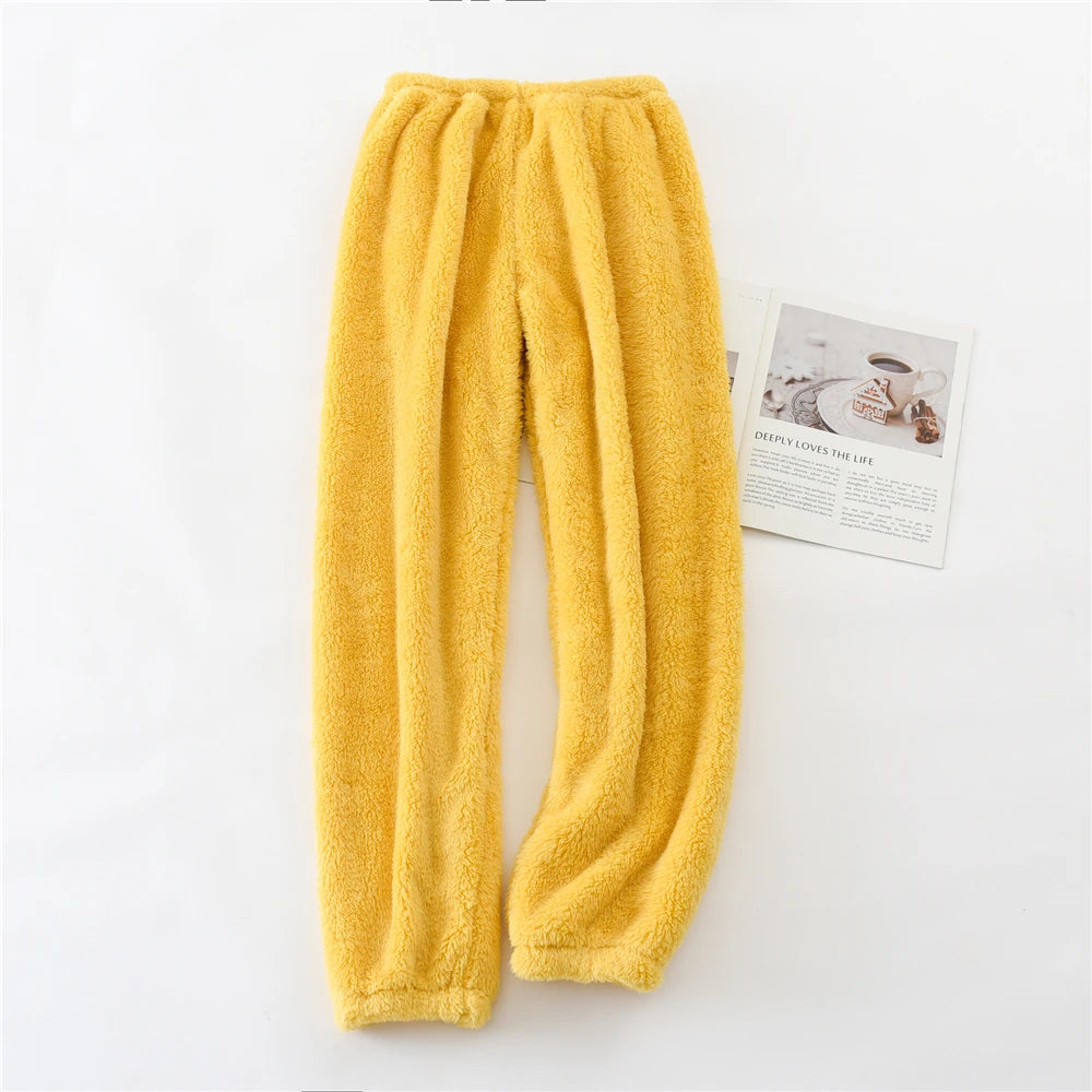 Unisex plush coral fleece pajama pants worn loungewear