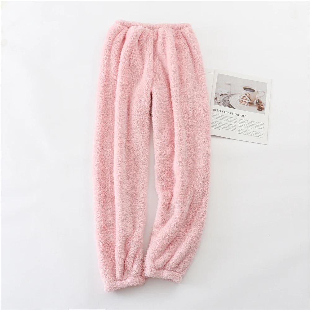 Unisex plush coral fleece pajama pants worn loungewear