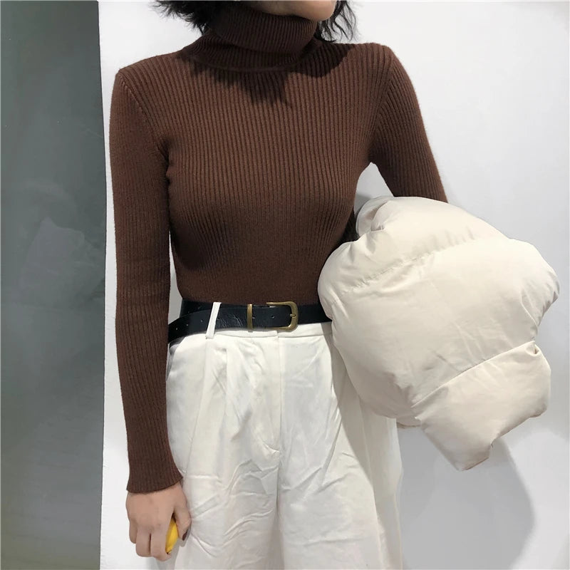 Ribbed Turtleneck Sweater – Women's Slim Winter Pullover
