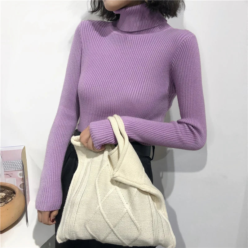 Ribbed Turtleneck Sweater – Women's Slim Winter Pullover