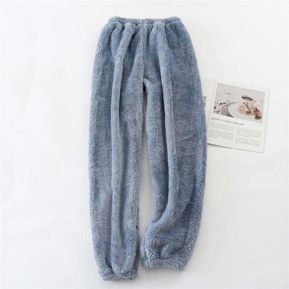 Unisex plush coral fleece pajama pants worn loungewear