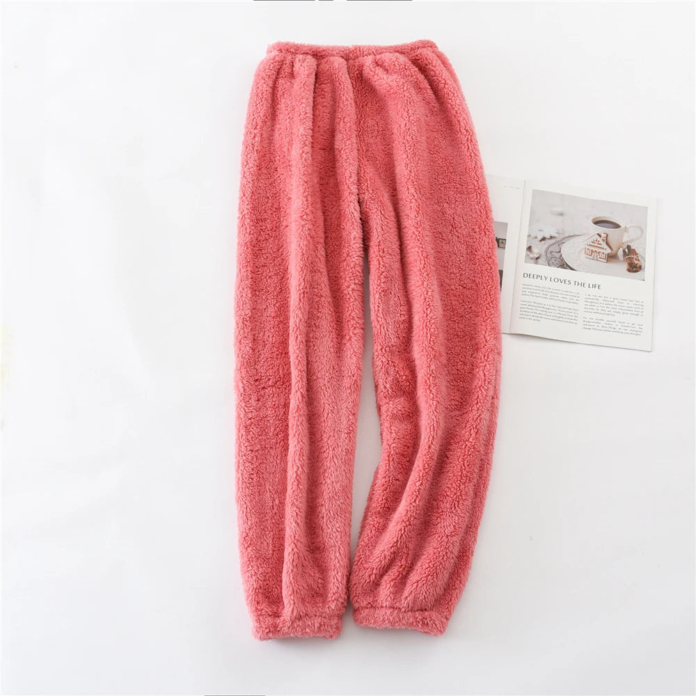Unisex plush coral fleece pajama pants worn loungewear