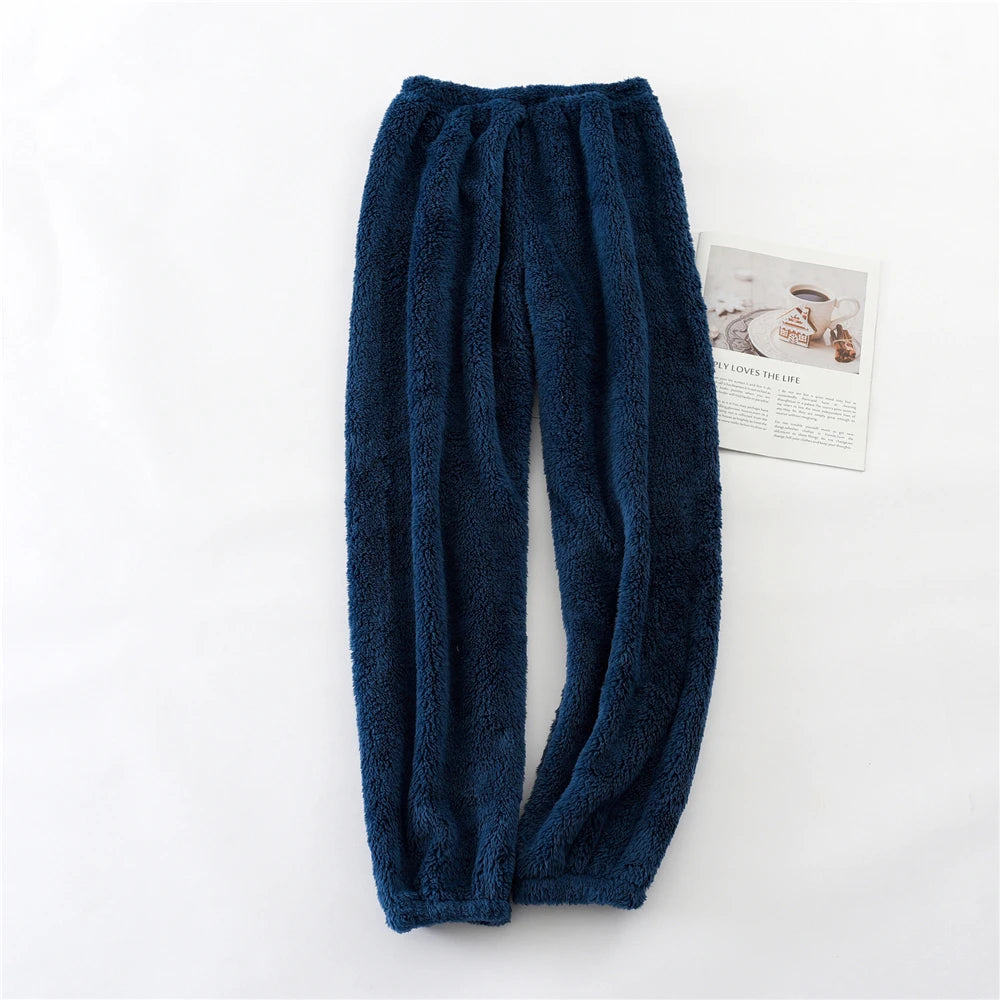 Unisex plush coral fleece pajama pants worn loungewear