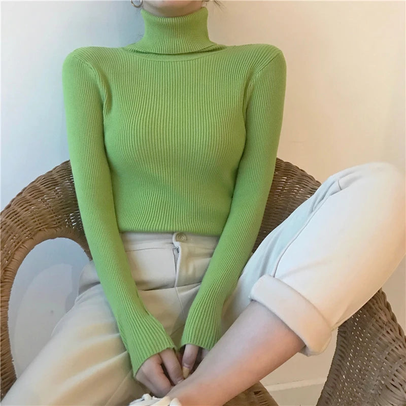Ribbed Turtleneck Sweater – Women's Slim Winter Pullover
