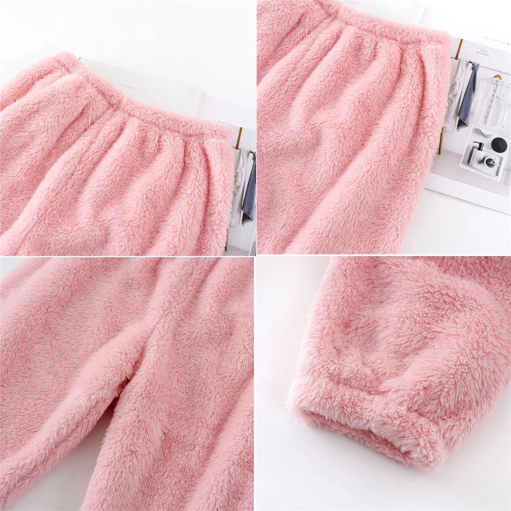 Unisex plush coral fleece pajama pants worn loungewear