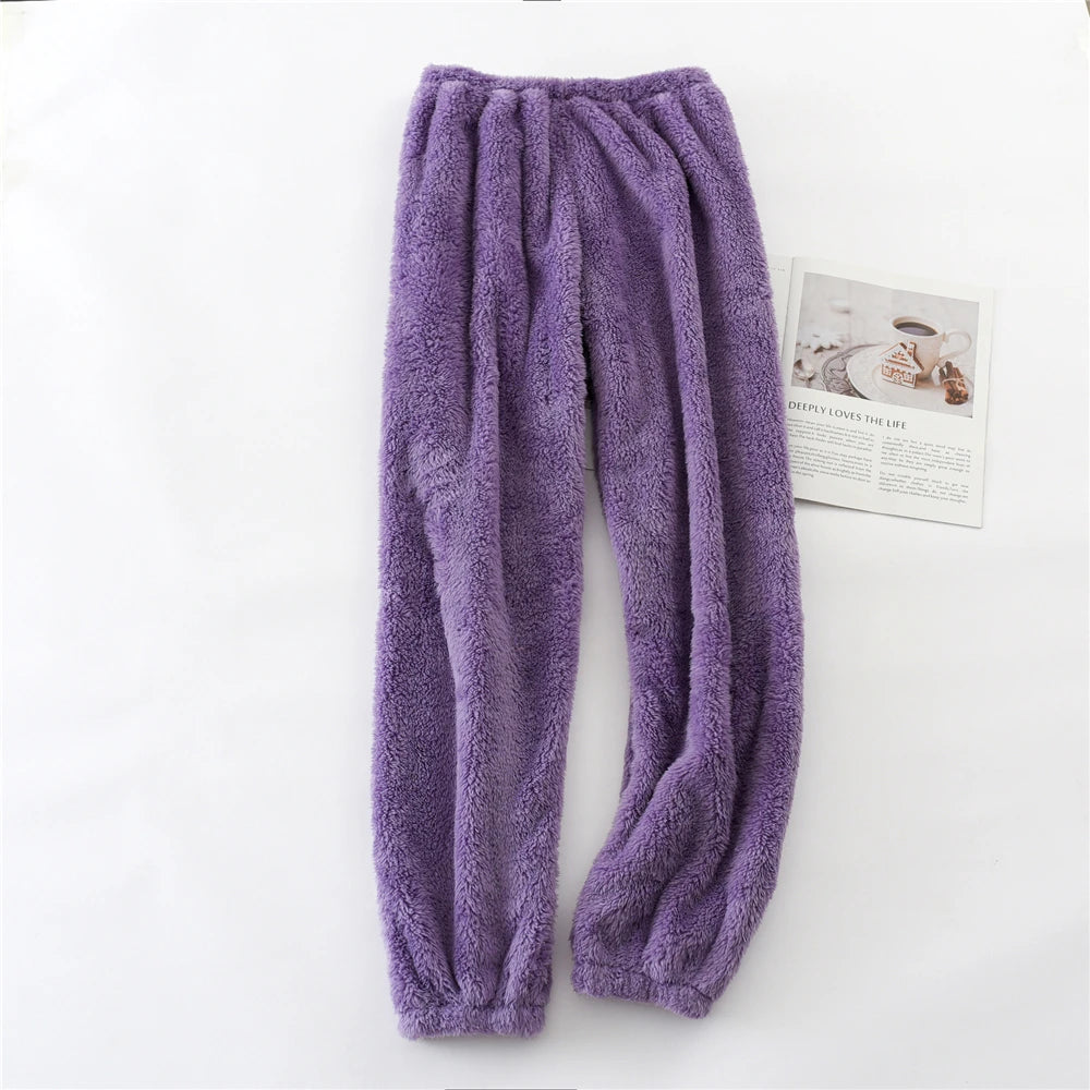 Unisex plush coral fleece pajama pants worn loungewear