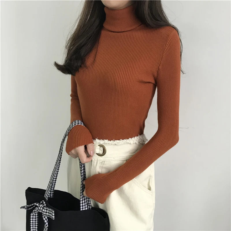 Ribbed Turtleneck Sweater – Women's Slim Winter Pullover
