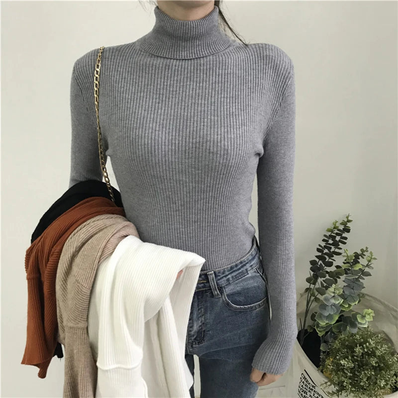Ribbed Turtleneck Sweater – Women's Slim Winter Pullover
