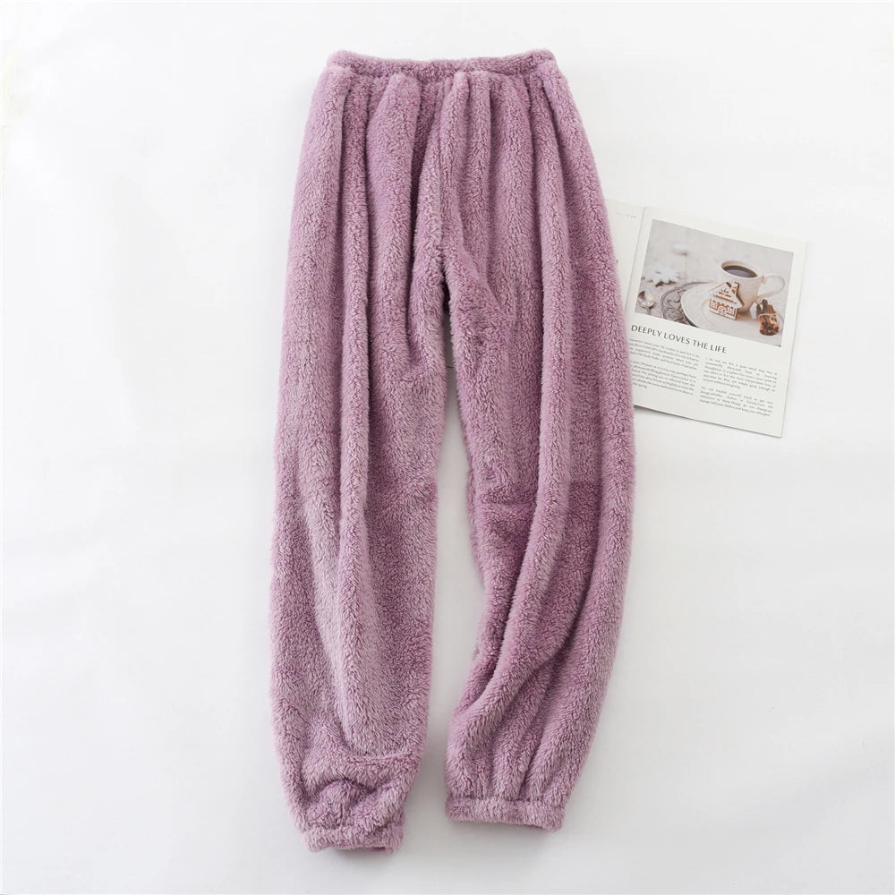 Unisex plush coral fleece pajama pants worn loungewear