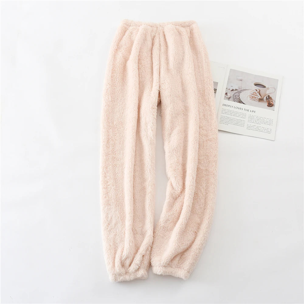 Unisex plush coral fleece pajama pants worn loungewear