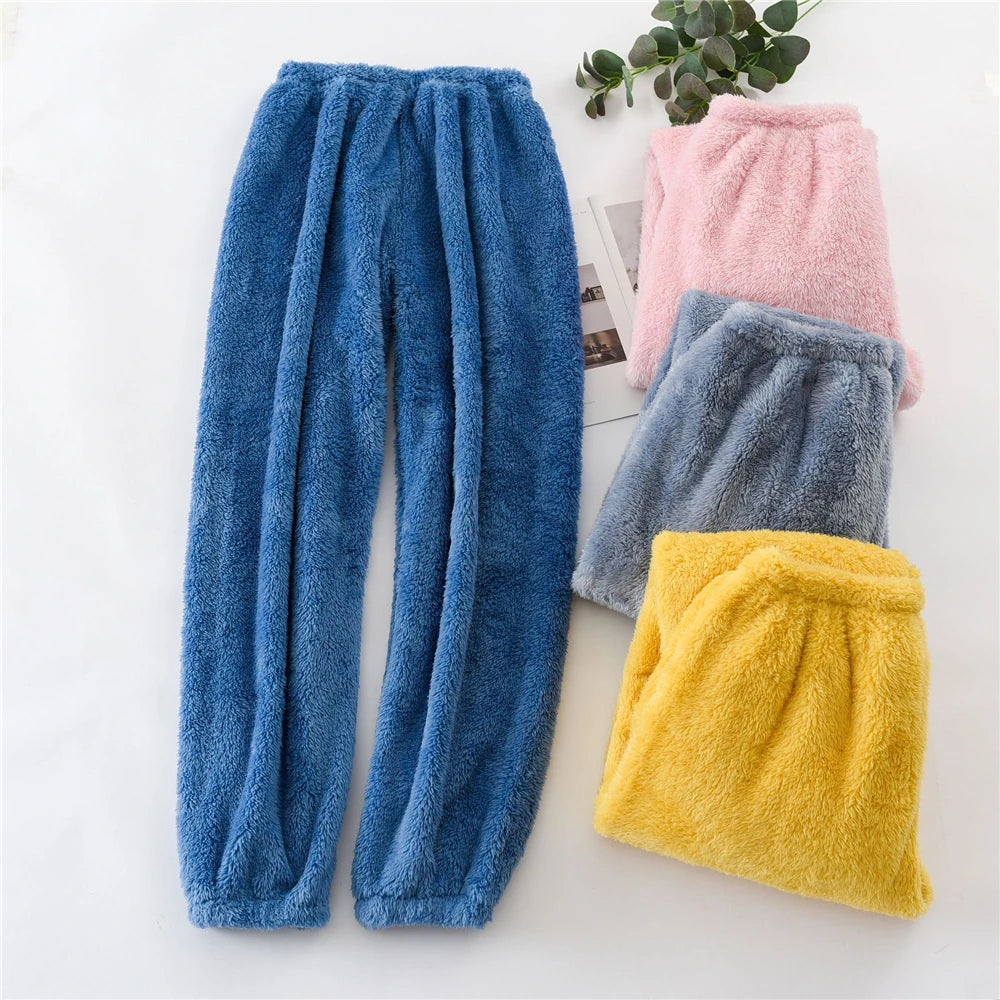 Unisex plush coral fleece pajama pants worn loungewear