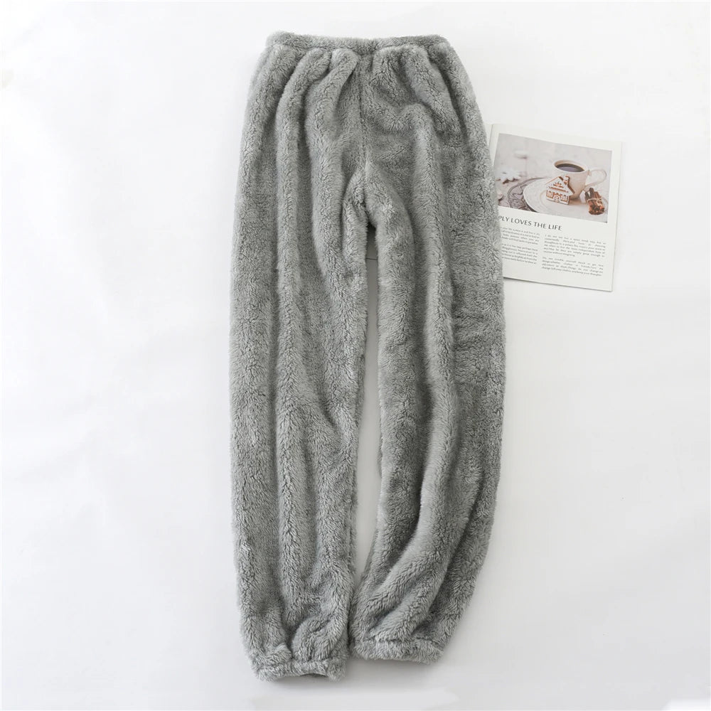 Unisex plush coral fleece pajama pants worn loungewear