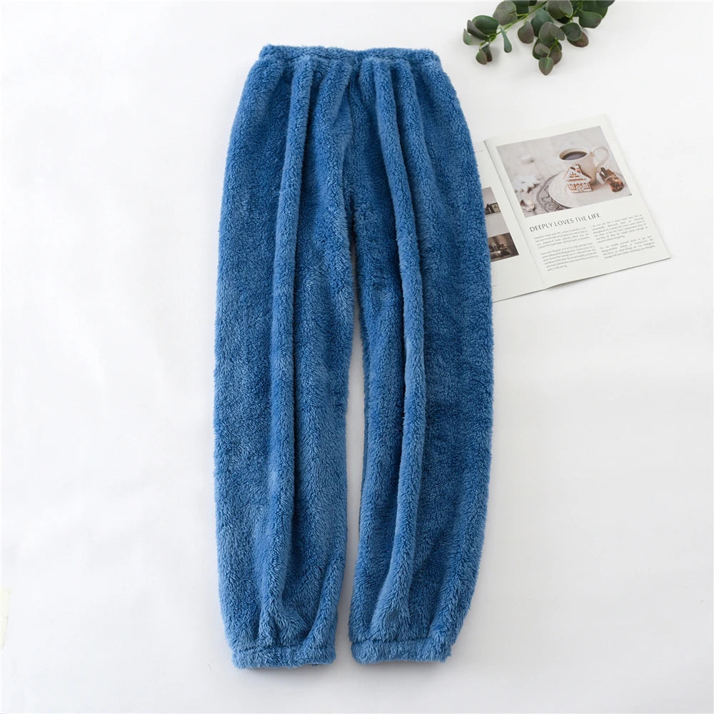 Unisex plush coral fleece pajama pants worn loungewear