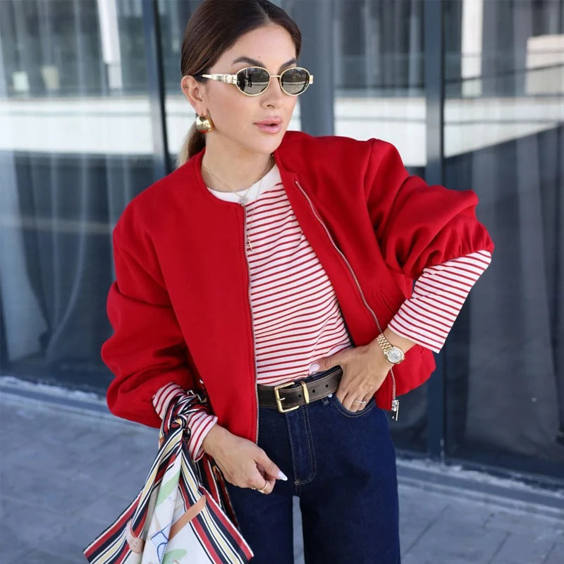 Cropped zip bomber jacket front view red