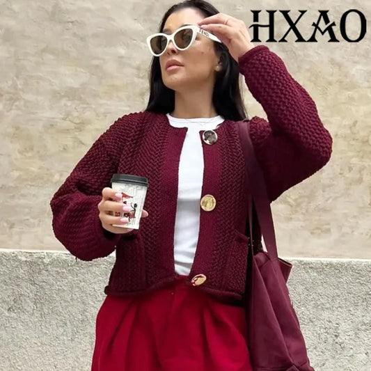  Cropped knit cardigan burgundy worn full body