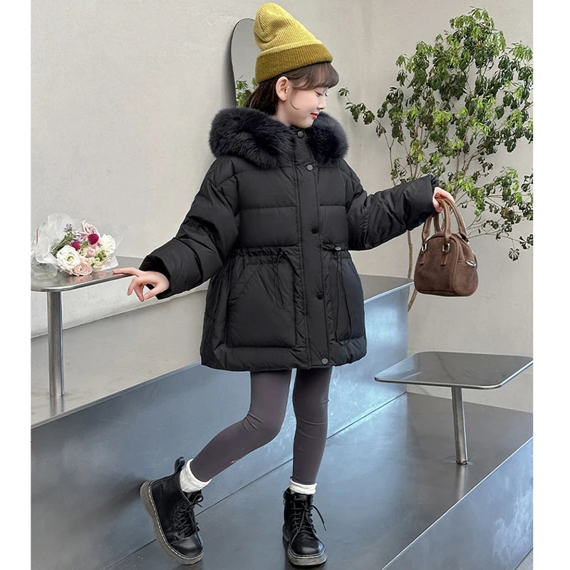 Girls fur-hood winter parka worn by child