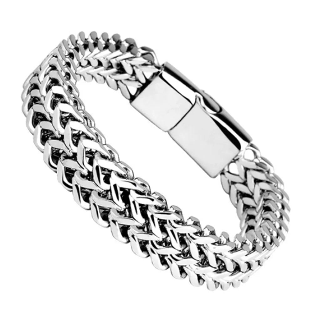 Braided stainless steel bracelet worn on wrist