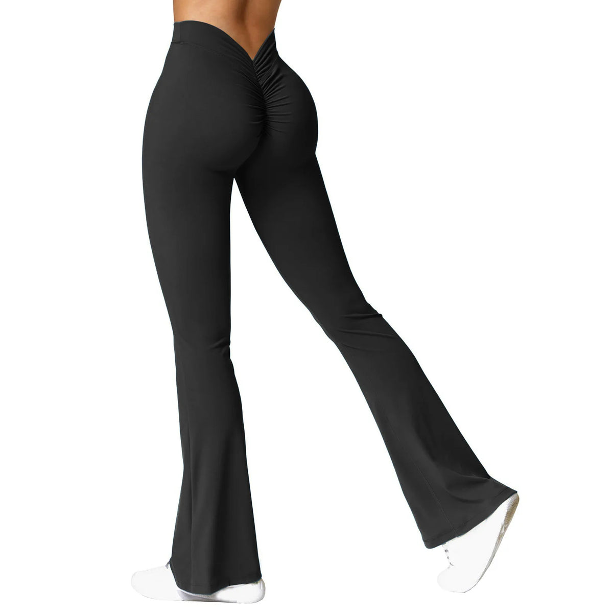 V-back waist leggings black flared full length
