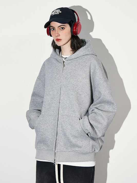 Double zip hooded jacket front view gray