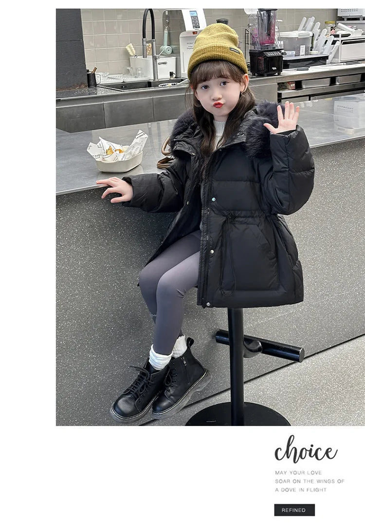 Girls fur-hood winter parka worn by child