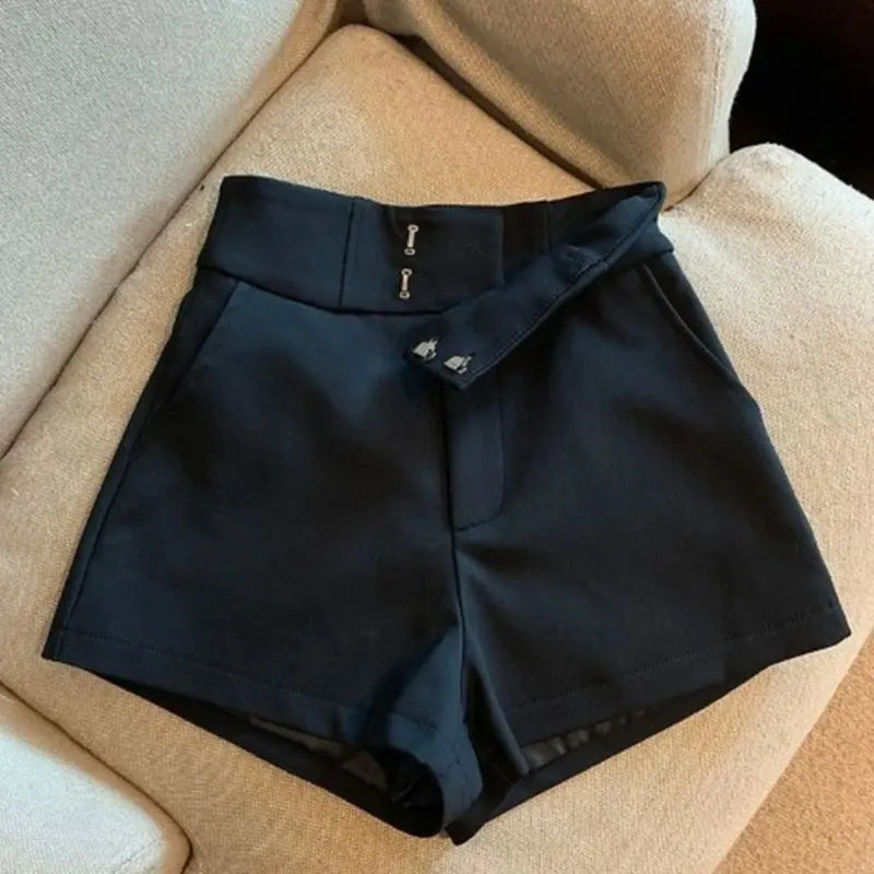 High waisted casual shorts black flat lay angle view