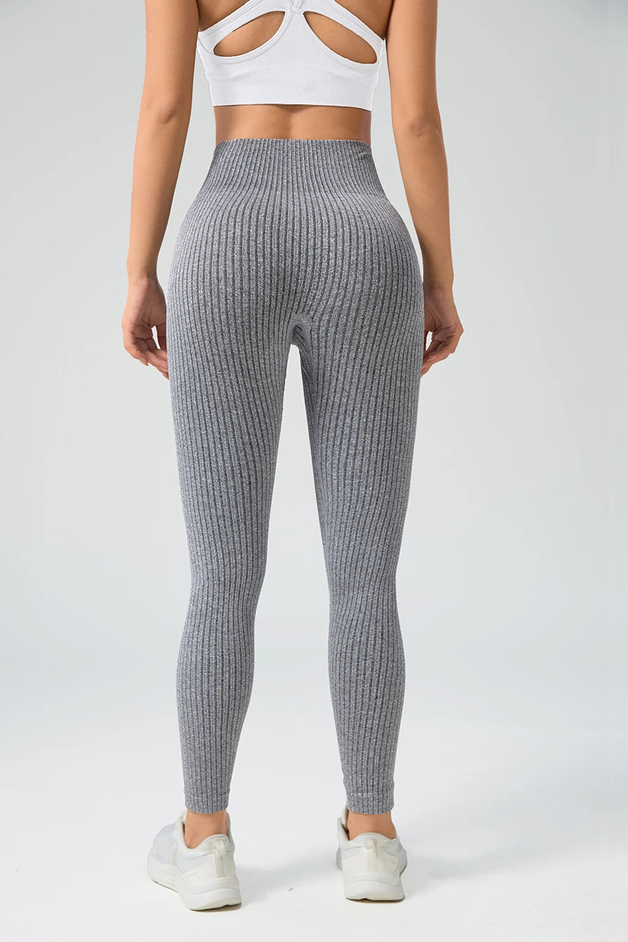 Tummy control yoga leggings front view gray