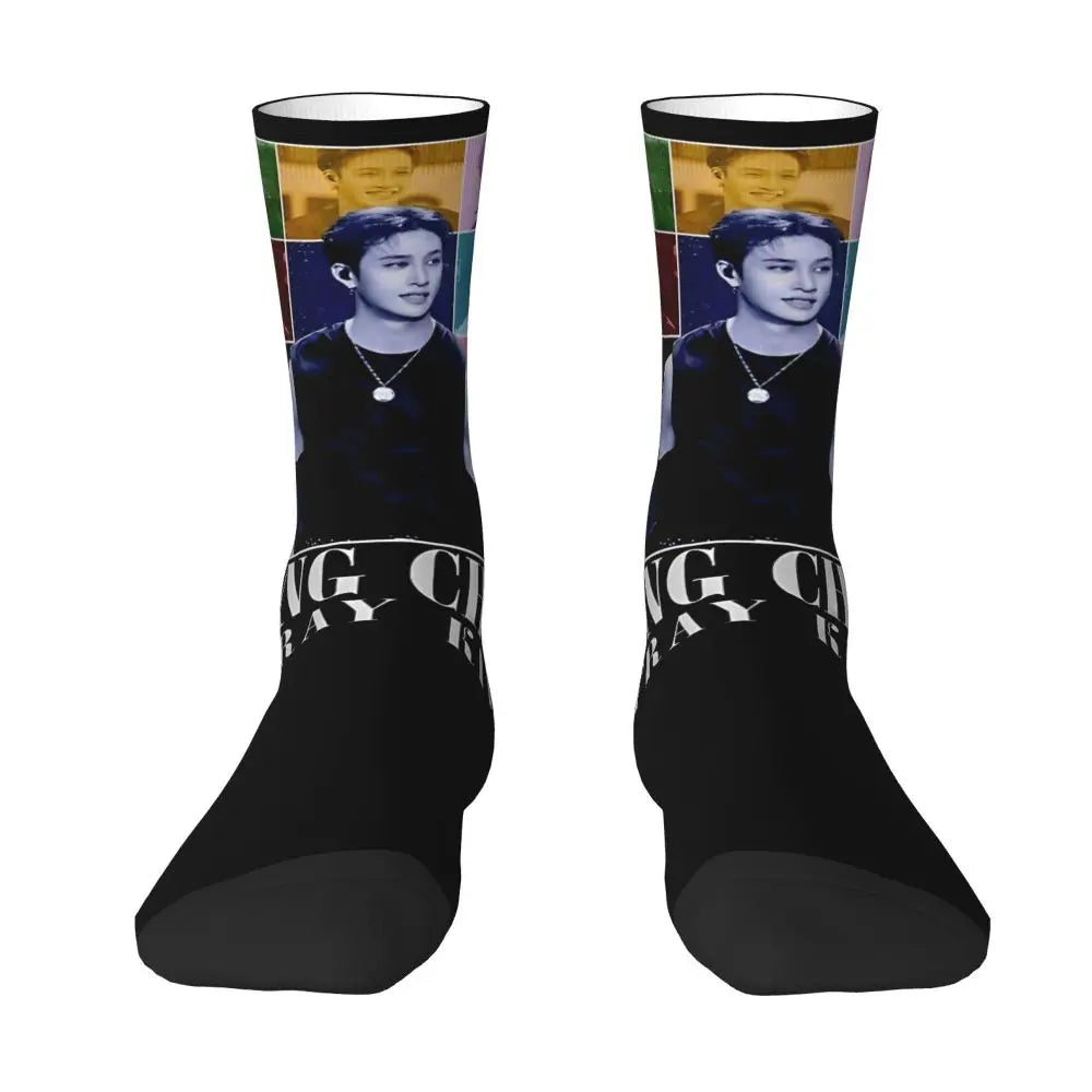 Men's printed skateboard crew socks worn on feet