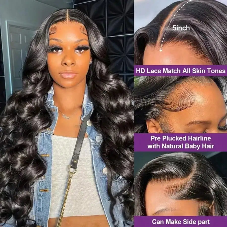 Body wave hd lace front wig worn on model