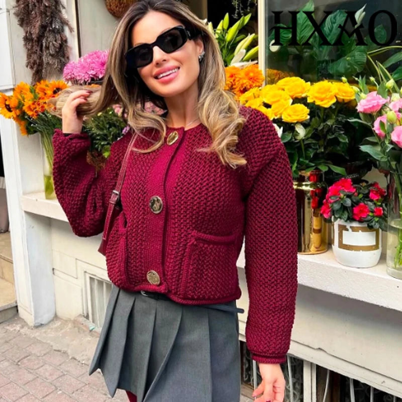  Cropped knit cardigan burgundy worn close up front
