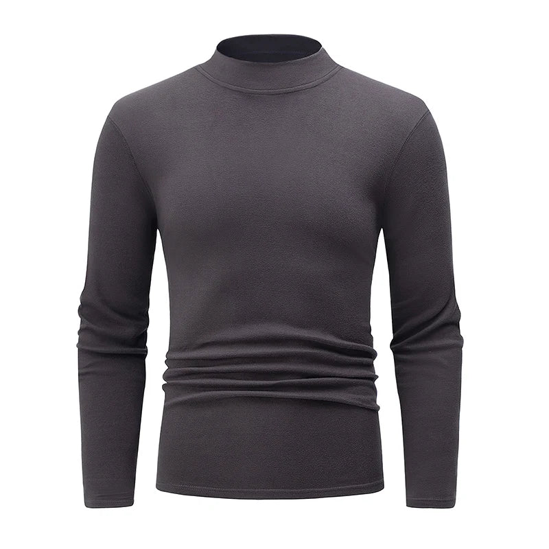 Men's semi-turtleneck long sleeve top worn under jacket