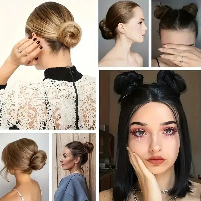Synthetic hair bun extension worn on model