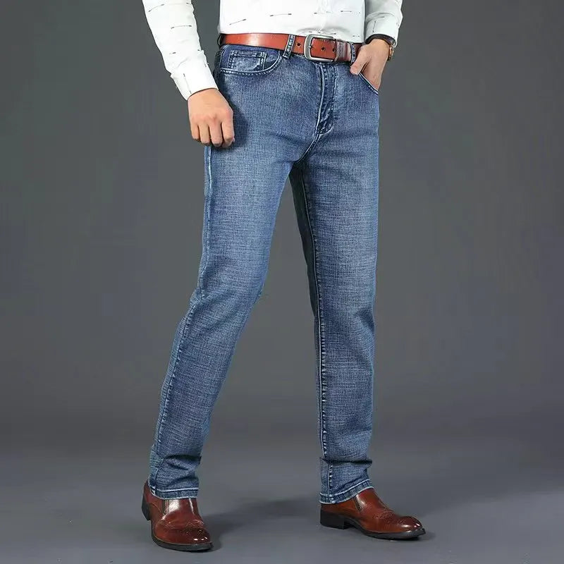 Stretch straight jeans front view sky blue