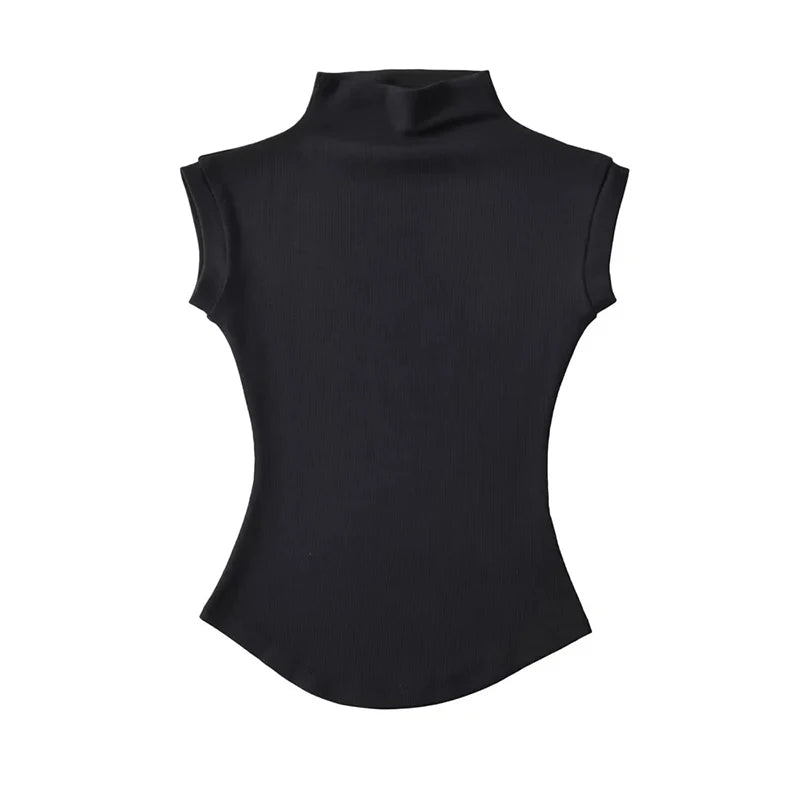 Sleeveless turtleneck top casual daytime look