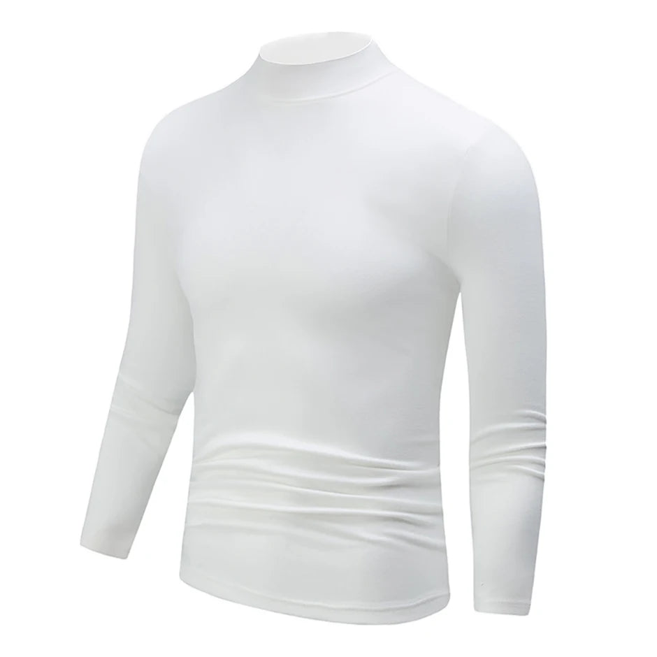 Men's semi-turtleneck long sleeve top worn under jacket
