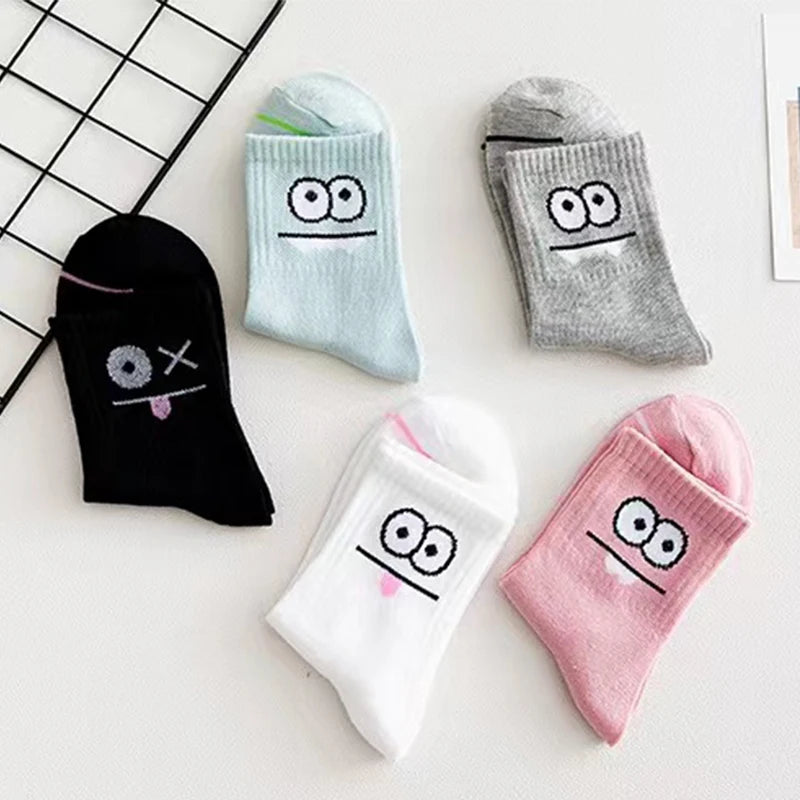 Women's funny expression print crew socks worn on feet