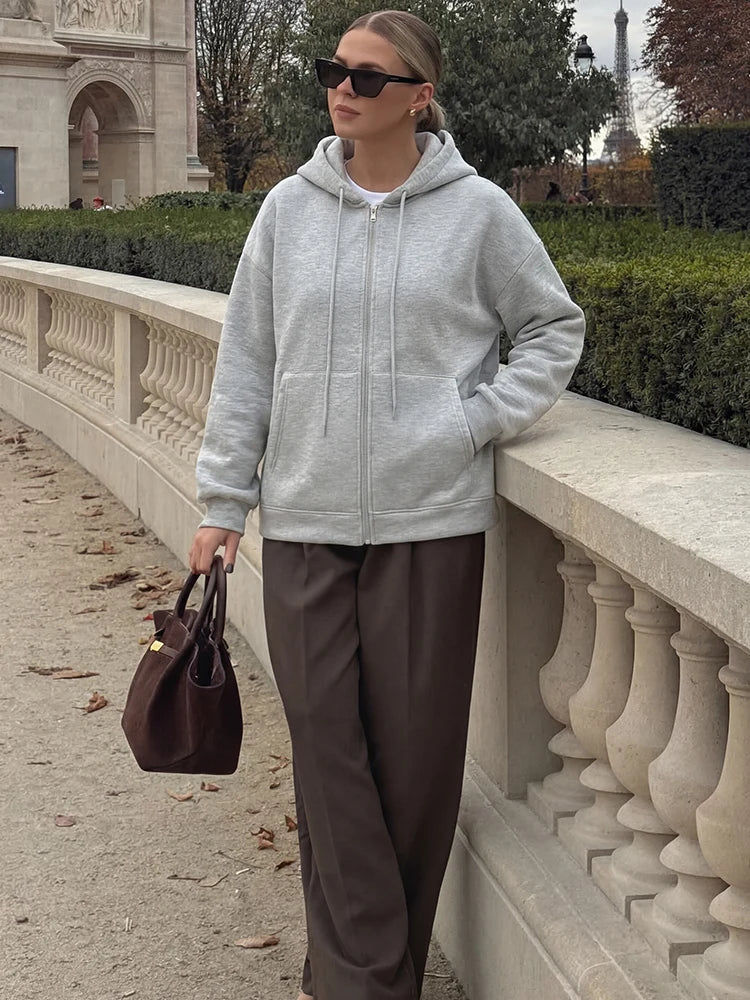 Women's zip-up hoodie jacket front view dark grey
